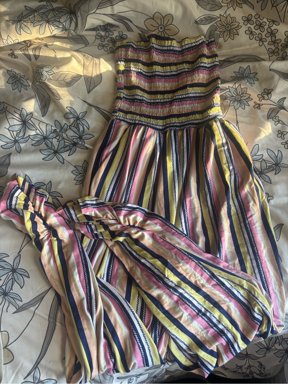 Women’s Strapless Jumpsuit/ Romper with Pink, Yellow & Navy Stripes